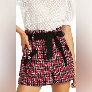 River Island RED TARTAN BOUCLÉ BELTED SHORTS